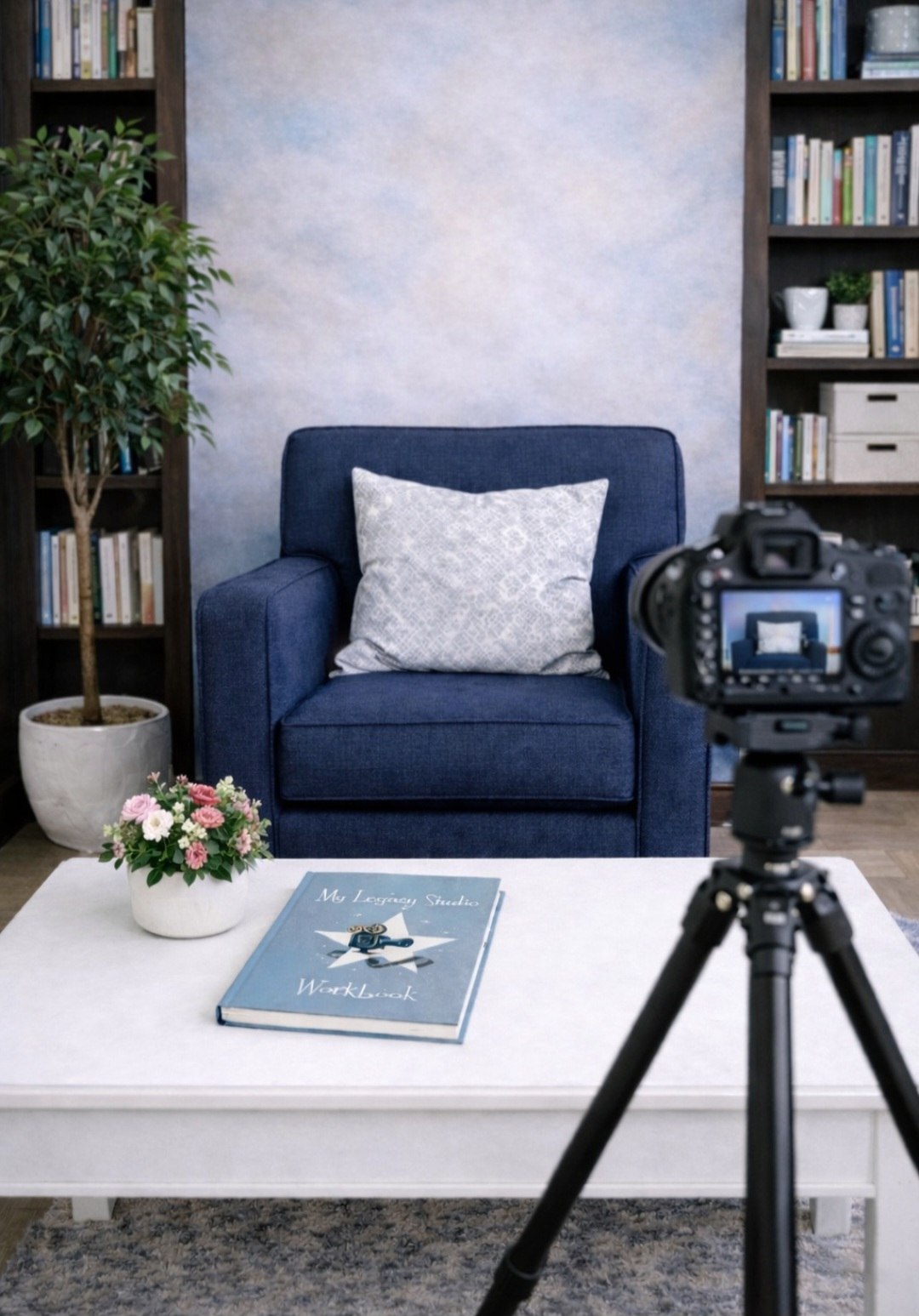 The My Legacy Studio workbook beside a camera and tripod